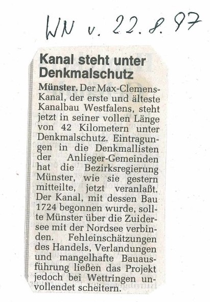 Zeitungsausschnitt zur Ernennung des Max-Clemens-Kanals zum Denkmal Zeitungsausschnitt zur Ernennung des Max-Clemens-Kanals zum Denkmal